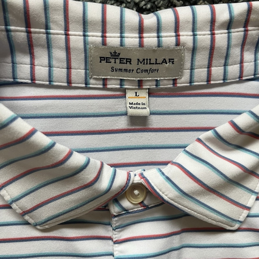 Mens‎ Peter Millar Summer Comfort Golf Polo Shirt Large Red White & Blue Striped - Picture 4 of 9
